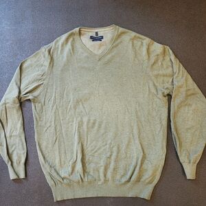 Tan V-Neck Sweater with Ribbed Cuffs